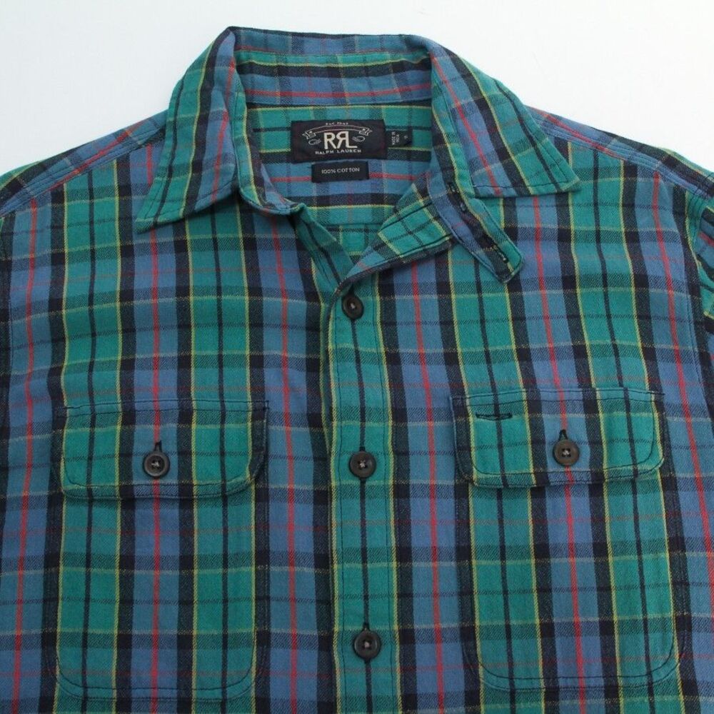 RRL Double Ralph Lauren Cotton Green/Blue Multi Plaid Button Down Shirt, Small - Picture 2 of 12
